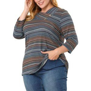 Women's Plus Size Tee Shirt Stripe Boho 3/4 Sleeve Tunic Top V Neck Knit Blue